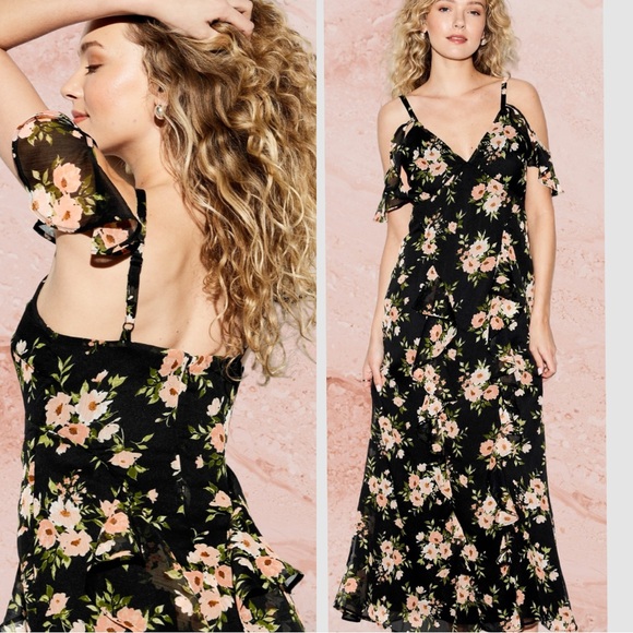 NWTS💓THE OCCASION M💓PREMIUM LINE OFF SHOULDER BLACK RUFFLED CHIFFON MAXI DRESS - Picture 1 of 16